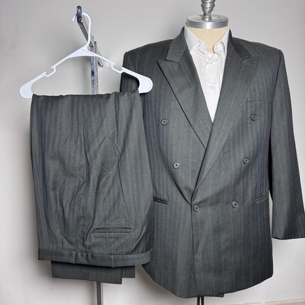 Paul Rodon Suit Mens 44L W36 Gray Striped Double Breasted Wool Peak Vintage
